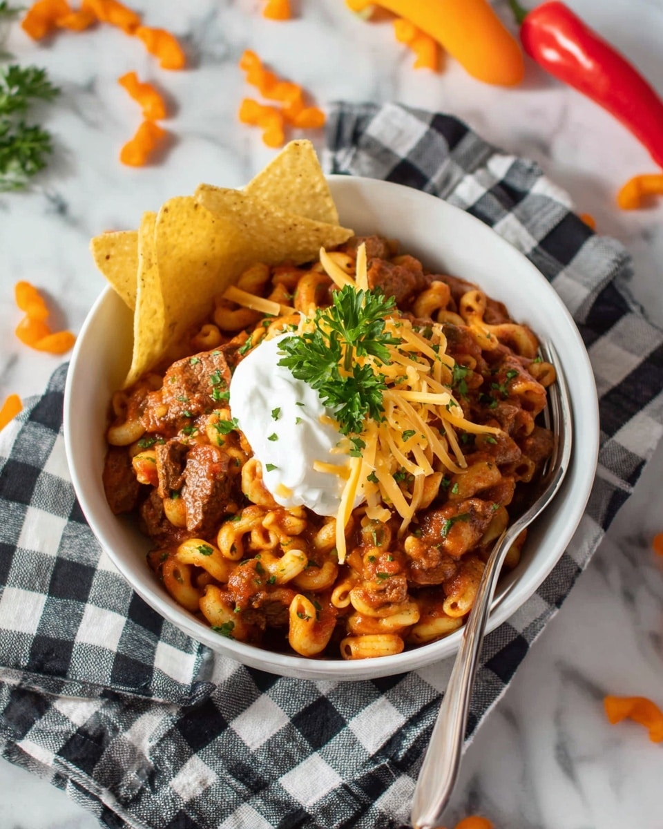 A white bowl holds three main layers: at the bottom, there is a layer of cooked small pasta in a rich reddish-brown sauce mixed with browned meat pieces; on top of this is a dollop of smooth white sour cream garnished with thin strands of shredded yellow cheese and small chopped green herbs; a sprig of fresh green parsley stands upright in the center. Two large, light yellow tortilla chips rest on the left edge of the bowl, and a silver fork is placed inside the bowl on the right. The bowl sits on a black and white checkered cloth on a white marbled surface, with orange and red mini peppers and scattered orange pasta pieces around. Photo taken with an iphone --ar 4:5 --v 7