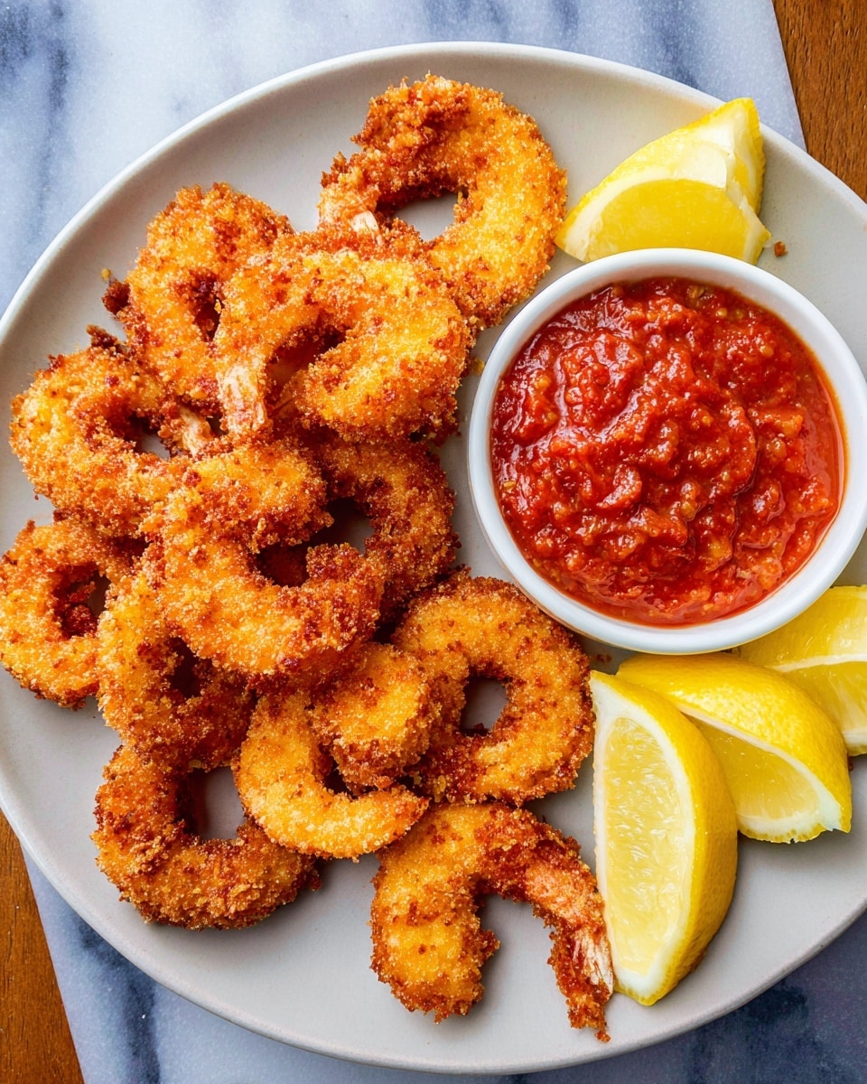 A white plate holds a pile of golden brown fried shrimp with a crunchy texture, arranged in a scattered manner across the plate. On the upper left side, there is a small orange bowl filled with thick red dipping sauce, with a silver spoon resting inside. Two yellow lemon wedges sit next to the sauce bowl, adding a bright contrast. The plate is placed on a white marbled surface with a wooden board and a white cloth with red stripes partially visible in the background. photo taken with an iphone --ar 4:5 --v 7