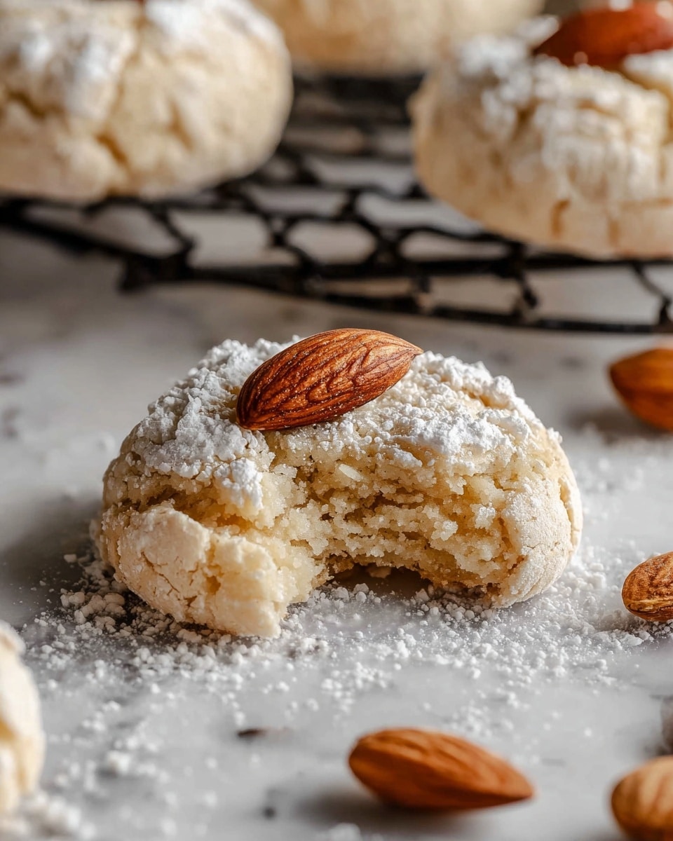 The image shows a black cooling rack with about 20 round cookies, each topped with a whole almond in the center. The cookies have a cracked white powdered sugar surface that reveals a light golden base under it. The rack is placed on a white marbled surface sprinkled with some powder near a white bowl filled with white powdered sugar. There is also a crumpled burnt orange cloth partially visible at the bottom right corner. photo taken with an iphone --ar 4:5 --v 7