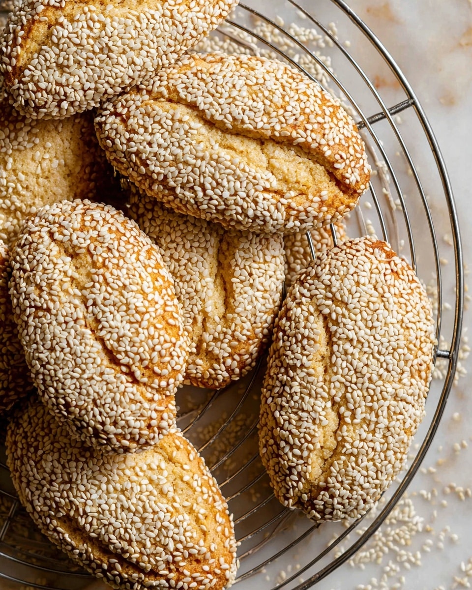 The image shows a wire cooling rack with about twelve golden brown baked cookies covered with a thick layer of white sesame seeds on top, arranged in a casual pile. Behind the rack, there is a large white bowl filled with raw sesame seeds spilling slightly onto the white marbled surface. Two cups of black coffee, one in a plain white mug and the other in a striped cup, are positioned above and to the left of the cookies. A small white plate is partially visible at the bottom left corner, and a beige cloth sits loosely draped at the bottom right on the white marbled surface. There is also some flour sprinkled around the setup, adding texture to the scene. Photo taken with an iphone --ar 4:5 --v 7