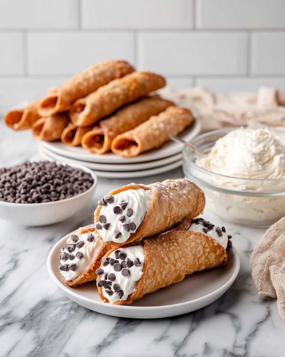 Three golden brown cannoli shells filled with white creamy ricotta cheese mixed with small dark chocolate chips are stacked on a white plate. The top cannoli is slightly tilted, showing the thick filling spilling out of both ends. Powdered sugar is lightly dusted on the shells and plate. Around the plate, chocolate chips are scattered on a white marbled surface. In the background, a white bowl with more chocolate chips and a glass bowl with creamy white filling are slightly out of focus. Photo taken with an iphone --ar 4:5 --v 7