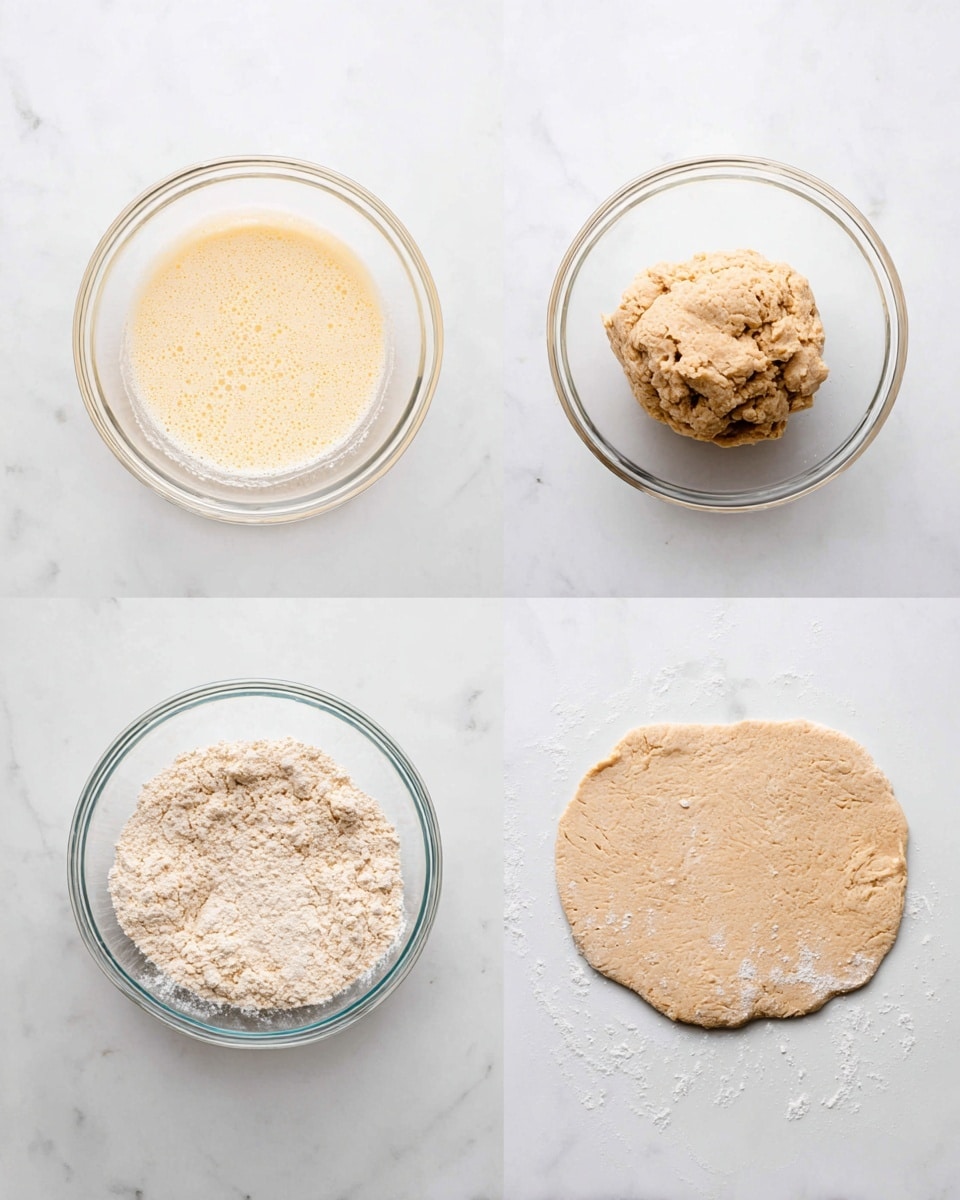 The image shows four steps of dough preparation on a white marbled surface. The first step is in a clear glass bowl with a light yellow frothy mixture filling the bowl. The second clear glass bowl holds a rough, clumpy dough in a beige color. The third step shows a ball of dough on the marbled surface, round and slightly textured with tiny flour patches. The fourth step displays the dough rolled out flat in an uneven round shape, light brown with some flour sprinkled around it. photo taken with an iphone --ar 4:5 --v 7