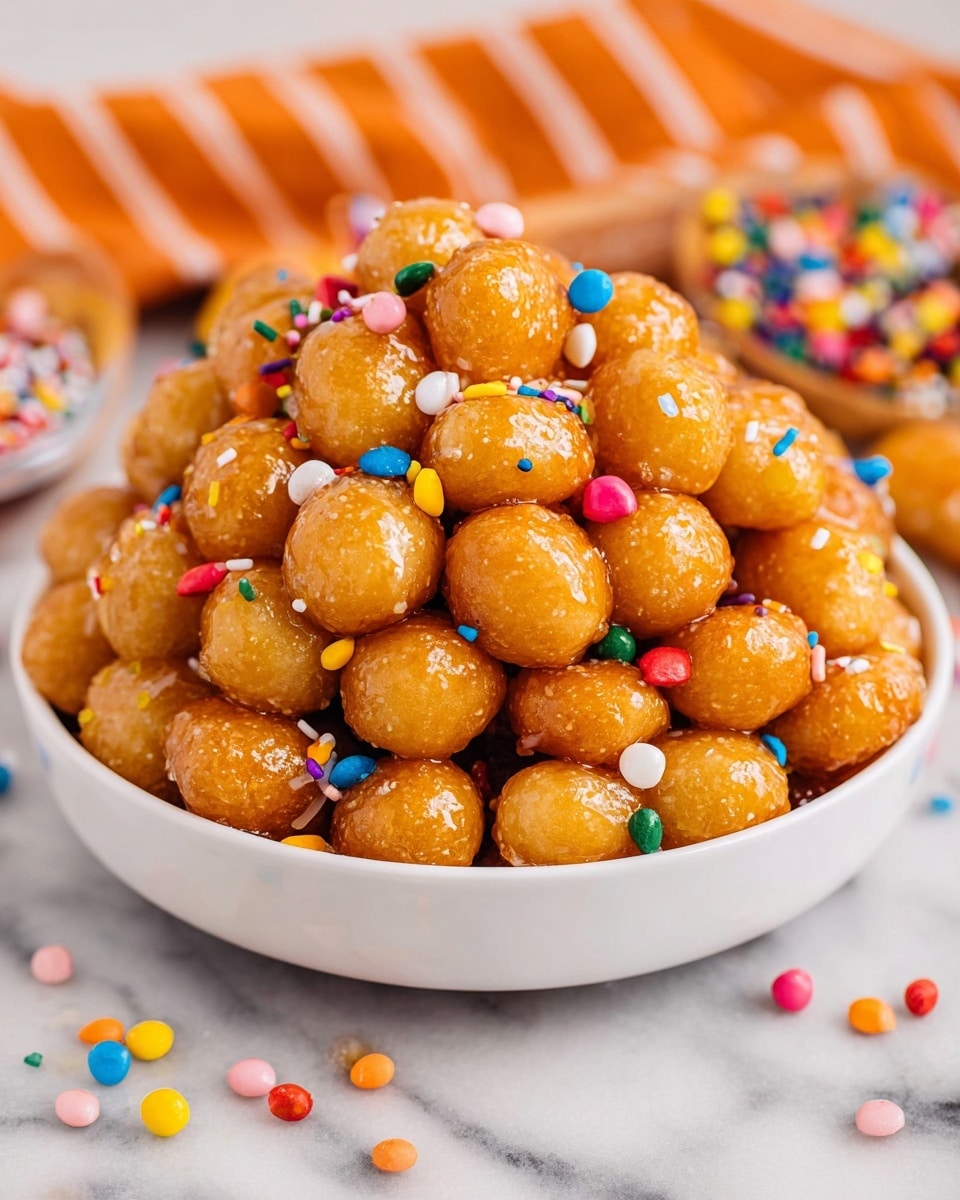 A white bowl filled with small golden brown dough balls covered in shiny honey glaze, each dough ball clustered tightly together with colorful small round sprinkles scattered throughout the dish, creating a bright contrast with red, green, blue, pink, yellow, white, orange, and pearl tones. The bowl is placed on a white marbled surface with a wooden honey dipper dripping honey into a small heart shape to the upper right and a red and white striped towel in the upper left corner. The texture of the dough balls looks smooth and sticky from the honey. Photo taken with an iphone --ar 4:5 --v 7