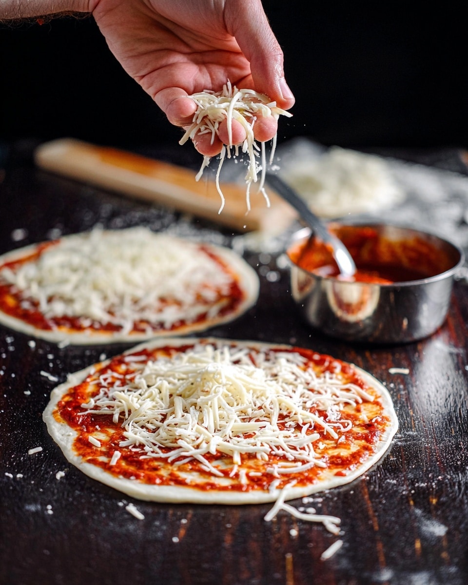 A close-up view shows two round pizza bases on a dark wooden surface, each spread thinly with bright red tomato sauce as the bottom layer. On top of the sauce is a layer of white shredded cheese being sprinkled more generously, with a few loose cheese shreds scattered on the surface. A person's hand is seen mid-action, dropping extra shredded cheese over the pizza in the front, highlighting the texture of the cheese strands. A small metal pot with a spoon inside, holding more tomato sauce, sits nearby. The background is plain black, and the overall setting suggests pizza preparation. photo taken with an iphone --ar 4:5 --v 7