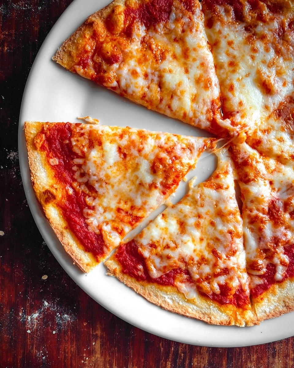 A white plate holds a pepperoni pizza sliced into six pieces with a thin, golden brown crust. The pizza has a bright red tomato sauce base, covered evenly by melted cheese with slightly browned spots. Each slice displays round, deep red pepperoni slices with a glossy texture. One slice is slightly pulled away, showing a close-up of the melted cheese and pepperoni layers. The plate sits on a dark wooden surface with a few scattered salt grains. Photo taken with an iphone --ar 4:5 --v 7