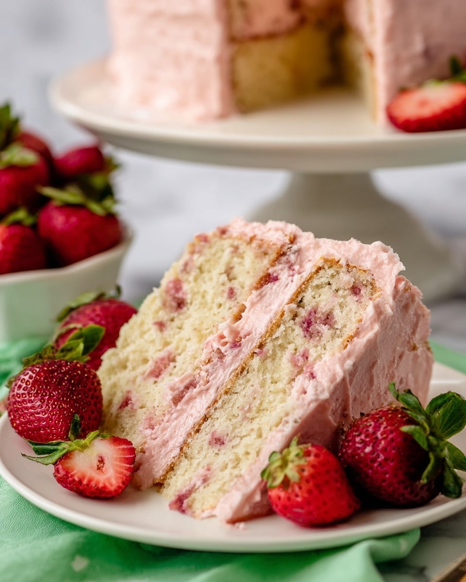 A close-up of a three-layer white cake slice with light pink frosting between each layer and covering the outside, showing bits of strawberry mixed inside the cake layers. The slice sits on a white plate, surrounded by fresh whole and halved strawberries, with the plate resting on a green cloth. In the background, part of the full cake with the same pink frosting can be seen on a white cake stand, all on a white marbled surface. Photo taken with an iphone --ar 4:5 --v 7