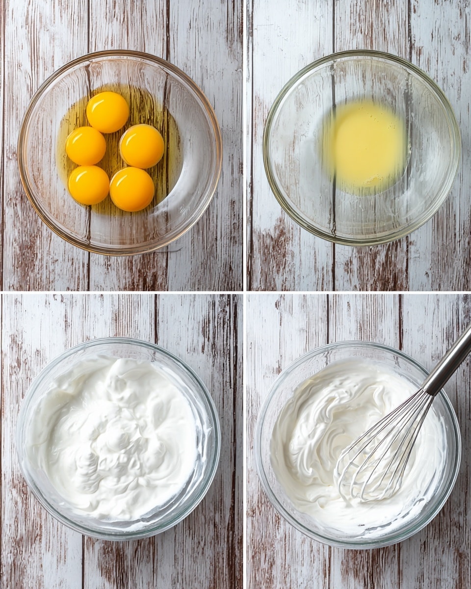 The image shows four stages of egg whites being whipped in a clear glass bowl on a wooden surface with a white marbled texture. The first stage (top left) has four yellow egg yolks grouped in the center of the bowl. The second stage (top right) shows the egg whites separated, clear with a slightly yellow tint, resting at the bottom of the bowl. The third stage (bottom left) has the egg whites foamed and white, with soft bubbles covering the inside of the bowl. The fourth stage (bottom right) shows the egg whites whipped into stiff peaks with a smooth, glossy white texture, with a metal whisk slightly lifted showing the thick meringue. Photo taken with an iphone --ar 4:5 --v 7