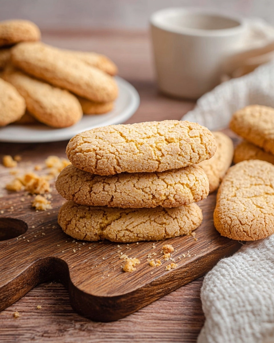 The image shows several light golden-brown long cookies with a cracked surface, stacked in two layers on a wooden cutting board with a handle at the right. The cookies have a rough texture and an oval shape, with some crumbs scattered around. In the background, there is a white bowl and a white plate holding more cookies, all placed on a wooden table. A white textured cloth is seen on the right side. The overall scene is warm and cozy, with the cookies as the main focus. Photo taken with an iphone --ar 4:5 --v 7