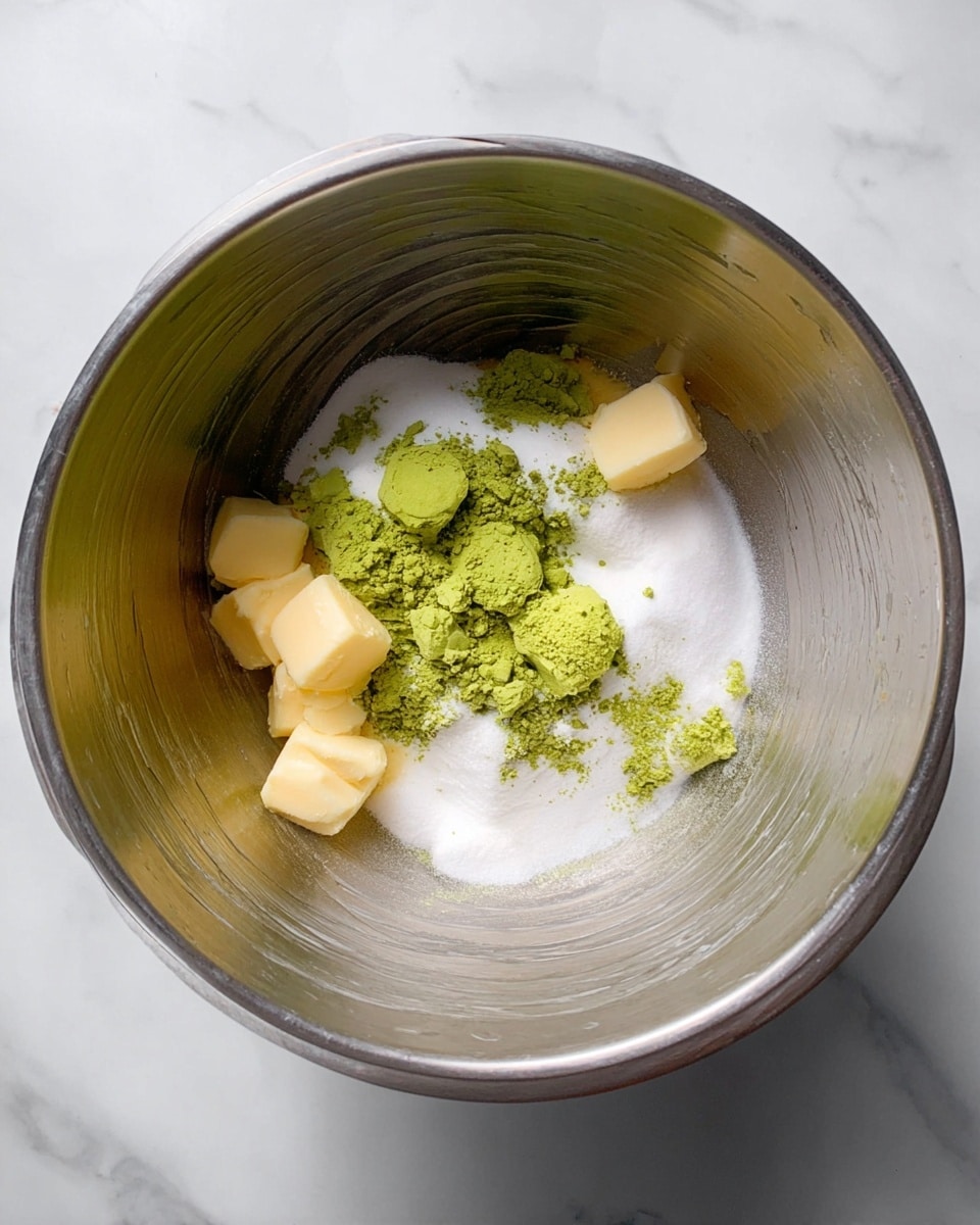 A large shiny silver metal bowl sits centered on a white marbled surface, filled with the start of a mixture: a base layer of white sugar covers small soft yellow cubes of butter, with several small piles of bright green matcha powder scattered on top and beside the butter and sugar. The inside of the bowl has a well-used texture with light scratches, contrasting with the smooth powder and soft butter inside. photo taken with an iphone --ar 4:5 --v 7