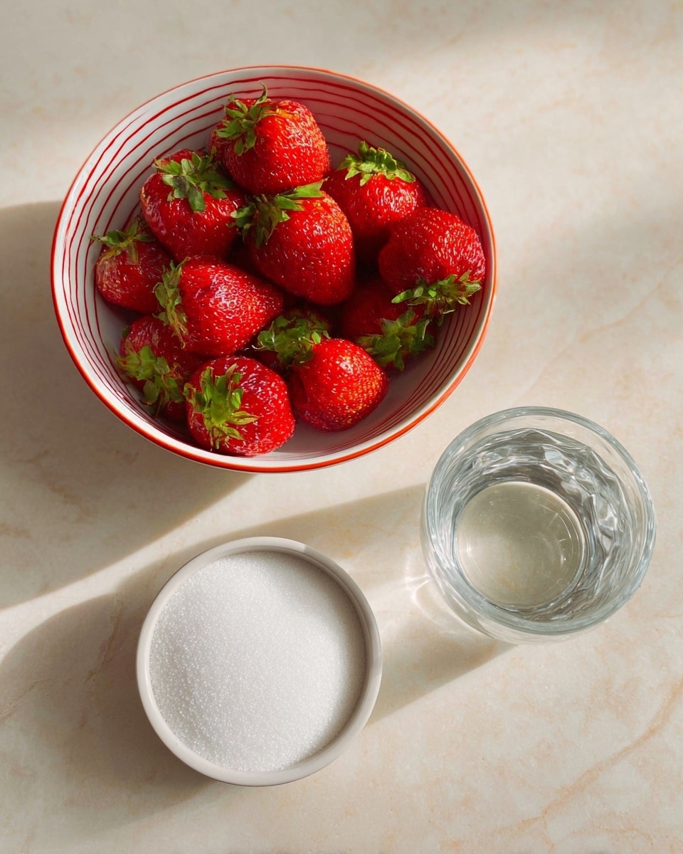 A white bowl with red stripes on the edges is filled with bright red strawberries, each topped with green leafy caps. To the right side of the bowl, there is a clear glass of water reflecting light and showing slight ripples. Below the glass, there is a white bowl filled with fine white sugar granules. Everything is placed on a white marbled surface with soft natural lighting and slight shadows around the items photo taken with an iphone --ar 4:5 --v 7