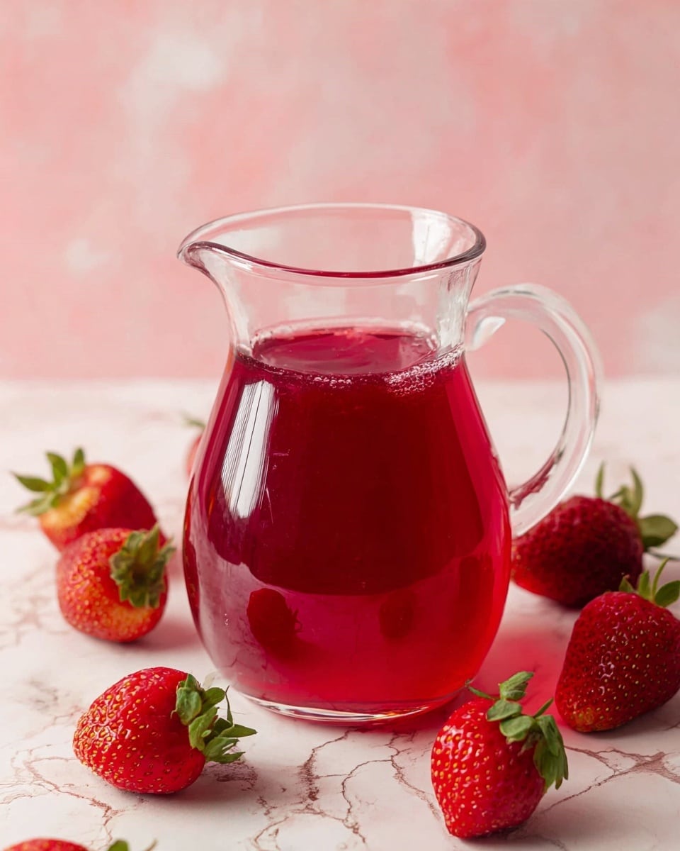 A clear glass bottle filled with bright red liquid stands in the center, its metal and white stopper open and resting on the front. In front of the bottle is a small clear glass pitcher partly filled with the same red liquid. Fresh small strawberries with green tops are scattered around the bottle and pitcher on a white marbled surface. In the background, a white bowl full of more strawberries is slightly out of focus with a pink soft backdrop behind it. Photo taken with an iphone --ar 4:5 --v 7