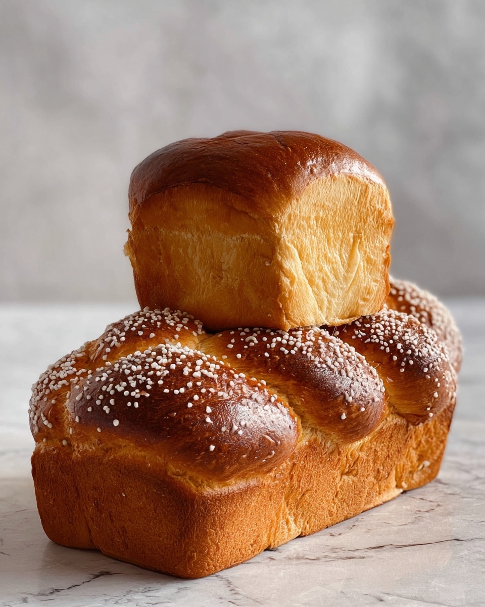 Two loaves of bread are stacked on top of each other on a white marbled surface. The bottom loaf is braided with a golden brown crust covered in large white sugar sprinkles. The top loaf is smaller, smooth, and shiny, with a golden brown color and a soft texture. The background is plain with a soft light that highlights the bread’s color and texture. photo taken with an iphone --ar 4:5 --v 7