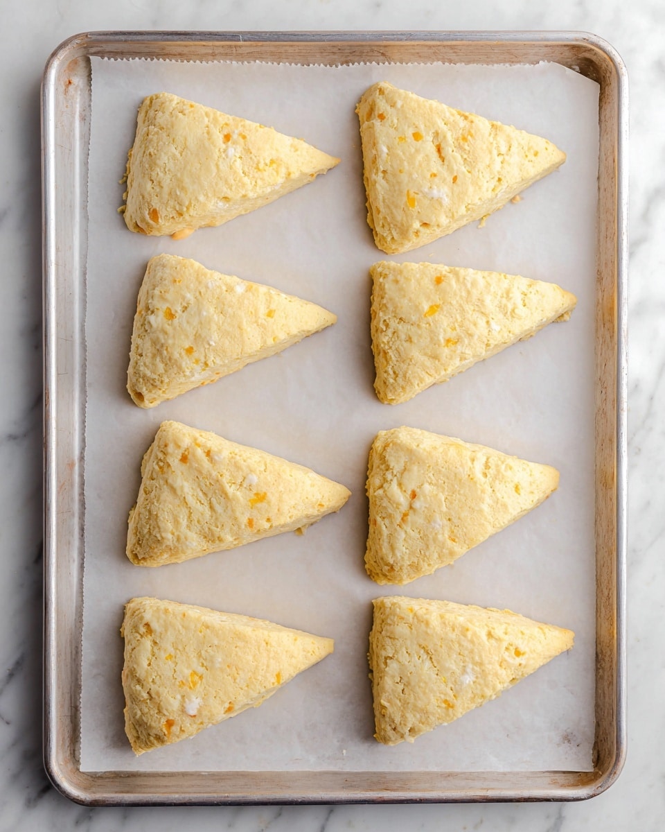 A close-up view shows two triangle-shaped scones stacked on a white flower-shaped plate, each scone with a light golden-brown bottom layer and a thick outer layer covered with creamy white icing that drips slightly. The upper scone is broken in half, revealing a soft, crumbly, pale yellow interior with small orange bits. In the blurred background, there is a circle of several uncut scones with the same icing resting on a white plate, placed on a white marbled surface. Small white bowls filled with white cream and orange sauce are visible near the scones. Photo taken with an iphone --ar 4:5 --v 7