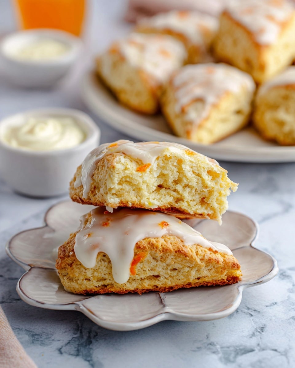 Five triangular scones are placed on a white plate with orange patterns, each topped with a thick layer of smooth white glaze that has small orange specks, giving a creamy texture. A small white bowl filled with smooth, light cream is on the top right of the plate. Around the plate, there are whole and halved bright orange oranges showing their juicy inner segments. The scene is set on a white marbled surface with a folded yellow cloth with white dashes on the left side. A small portion of another white plate with a scone is visible at the bottom right. Photo taken with an iphone --ar 4:5 --v 7
