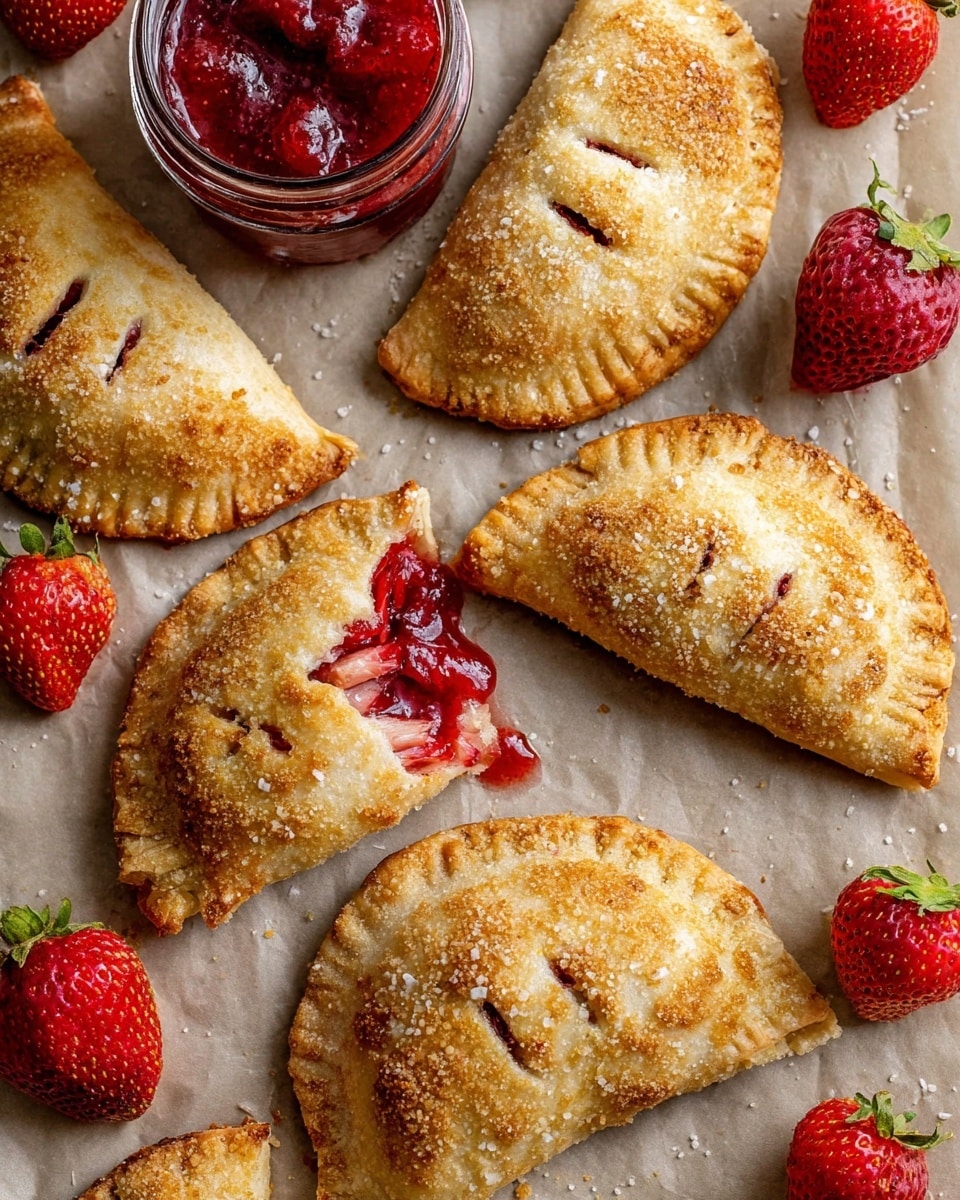Golden brown, crescent-shaped hand pies with a rough, crunchy top layer sprinkled with coarse sugar crystals, each hand pie showing small slits on top. One hand pie is torn open, revealing a bright red, soft, juicy strawberry filling inside. The hand pies are placed on parchment paper over a white marbled surface, surrounded by fresh whole strawberries with green stems. A small clear glass jar filled with chunky, glossy red strawberry sauce sits nearby, adding a vibrant red contrast to the warm tones of the hand pies. photo taken with an iphone --ar 4:5 --v 7