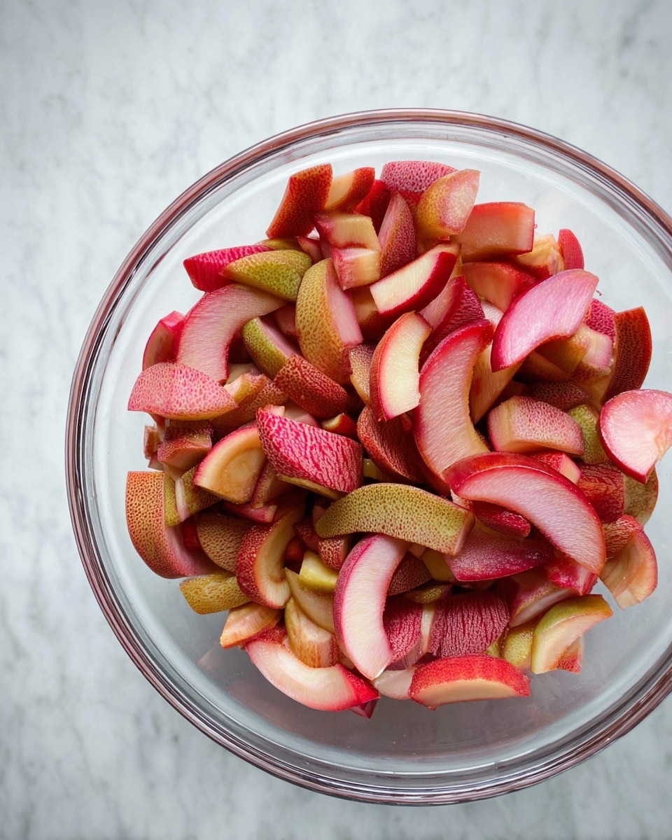 A clear glass bowl filled with one layer of sliced rhubarb pieces, showing a mix of light pink, bright red, and pale greenish-brown colors. The rhubarb slices are crescent-shaped and have a textured, fibrous surface. The bowl sits on a white marbled surface. photo taken with an iphone --ar 4:5 --v 7