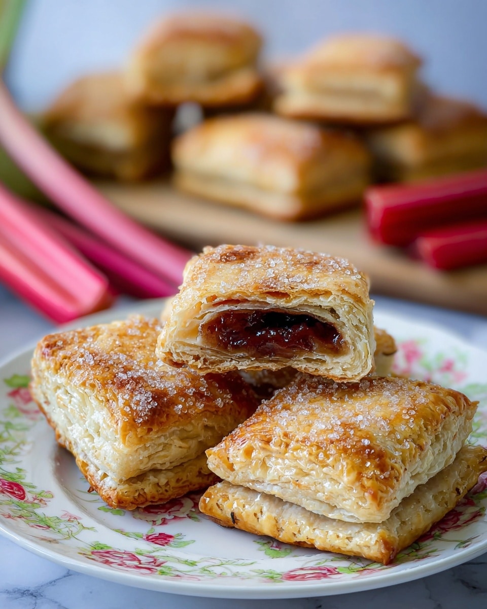 Square golden brown pastries with a shiny, slightly rough crust are arranged on a silver wire cooling rack over white parchment paper. Each pastry has a clear X cut in the center and crimped edges. Bright red stalks of rhubarb with green leaves lay beside the rack on the white marbled surface. A white cloth with purple and pink floral prints is partially visible on the right side. The whole scene is on a white marbled background. photo taken with an iphone --ar 4:5 --v 7