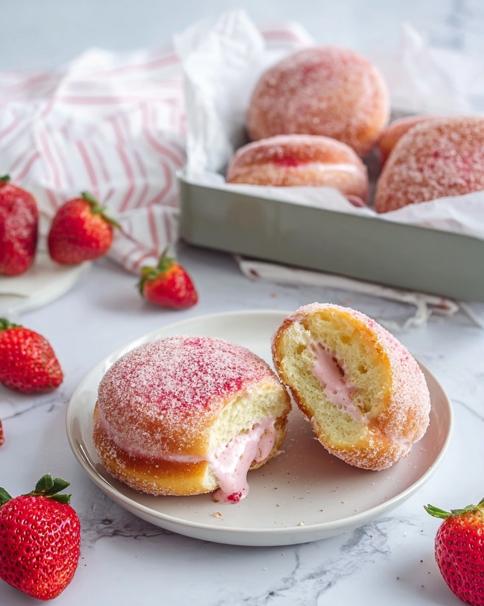 The image shows three oval-shaped donuts arranged in a single row inside a white parchment-lined rectangular metal container. Each donut is covered with a light pink sugar coating and has a dollop of creamy pale pink filling on top in the center. Fresh whole strawberries with green leaves and one halved strawberry are placed around the donuts, adding bright red and green colors to the scene. The container is set on a white marbled surface with a white cloth that has a red grid pattern partially visible under and around it. Photo taken with an iphone --ar 4:5 --v 7