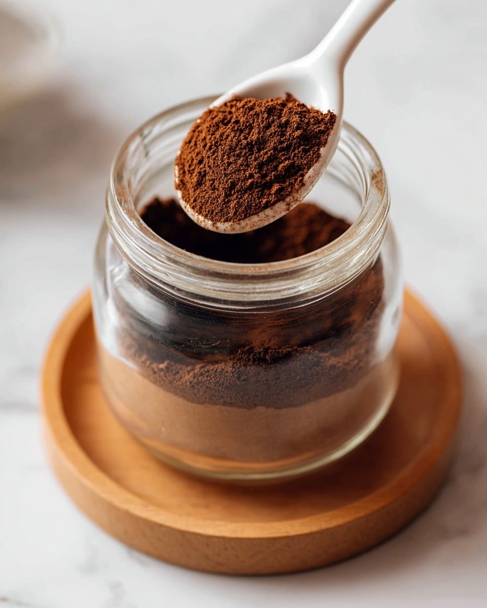 A clear glass jar filled with a dark brown finely ground powder. A white ceramic spoon holds a scoop of the same brown powder, positioned above the open jar. The jar is resting on a round wooden coaster, and the whole setup is on a white marbled surface. Photo taken with an iphone --ar 4:5 --v 7