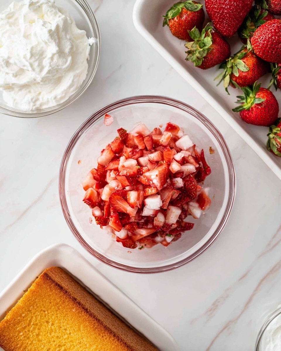 The image shows a small glass jar dessert placed on a white plate, which sits on a white marbled surface. The dessert has several layers: the bottom layer is light-colored cake pieces, followed by a layer of bright red strawberry pieces, then topped with a thick swirl of white whipped cream. On top of the whipped cream sits a whole strawberry with green leaves. Around the glass jar on the plate, there are whole strawberries and more small light cake pieces. A thin silver spoon is inserted into the dessert. In the background, other similar jars and plates with strawberries can be seen out of focus. Photo taken with an iphone --ar 4:5 --v 7