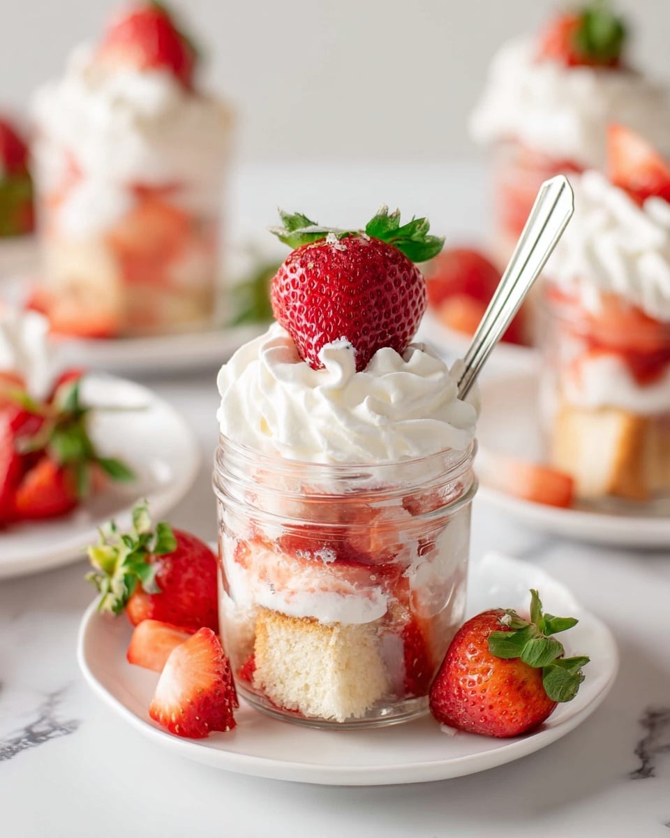 The image shows several small glass jars filled with four layers of dessert. From the bottom, there is a layer of white cream, followed by a layer of light golden brown cake pieces, then a layer of finely chopped red strawberries, topped with another layer of white cream. Each jar is crowned with a whole bright red strawberry with green leaves on top. The jars are placed on a white marbled surface, with a blurred wooden board in the background. Photo taken with an iphone --ar 4:5 --v 7