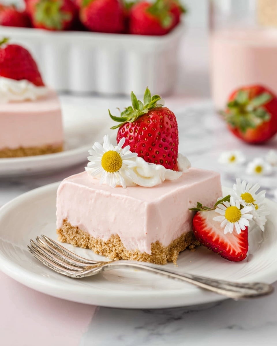 The image shows a square-shaped strawberry dessert on a white plate with two layers: a bottom crumbly light brown crust and a thick, smooth pale pink strawberry cream layer on top. The dessert is decorated with a dollop of white whipped cream and a halved red strawberry with green leaves on top, and a small white daisy flower next to it. Nearby, a silver fork is placed on the edge of the plate, and another half strawberry with a green leaf and a white daisy flower lies beside the dessert. In the background, there is a white plate holding more of the same desserts and a white container filled with whole red strawberries, all set on a white marbled surface. Photo taken with an iphone --ar 4:5 --v 7