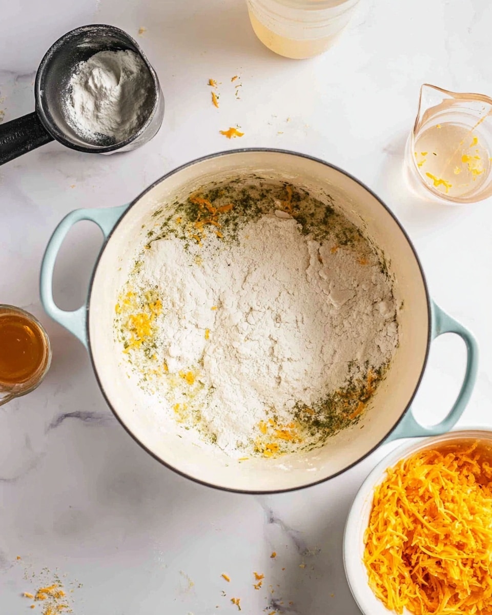 The image shows a round hollow bread bowl filled with creamy, orange-yellow soup topped with small bits of melted cheese and a sprinkle of black pepper on the surface. The bread has a golden brown crust with a rough texture. The bowl sits on a white plate, placed on a wooden board with scattered small cheese pieces and fresh green parsley leaves. Beside the bread bowl, there are two fresh broccoli florets and a silver spoon rests nearby. The whole scene is set on a white marbled surface. photo taken with an iphone --ar 4:5 --v 7