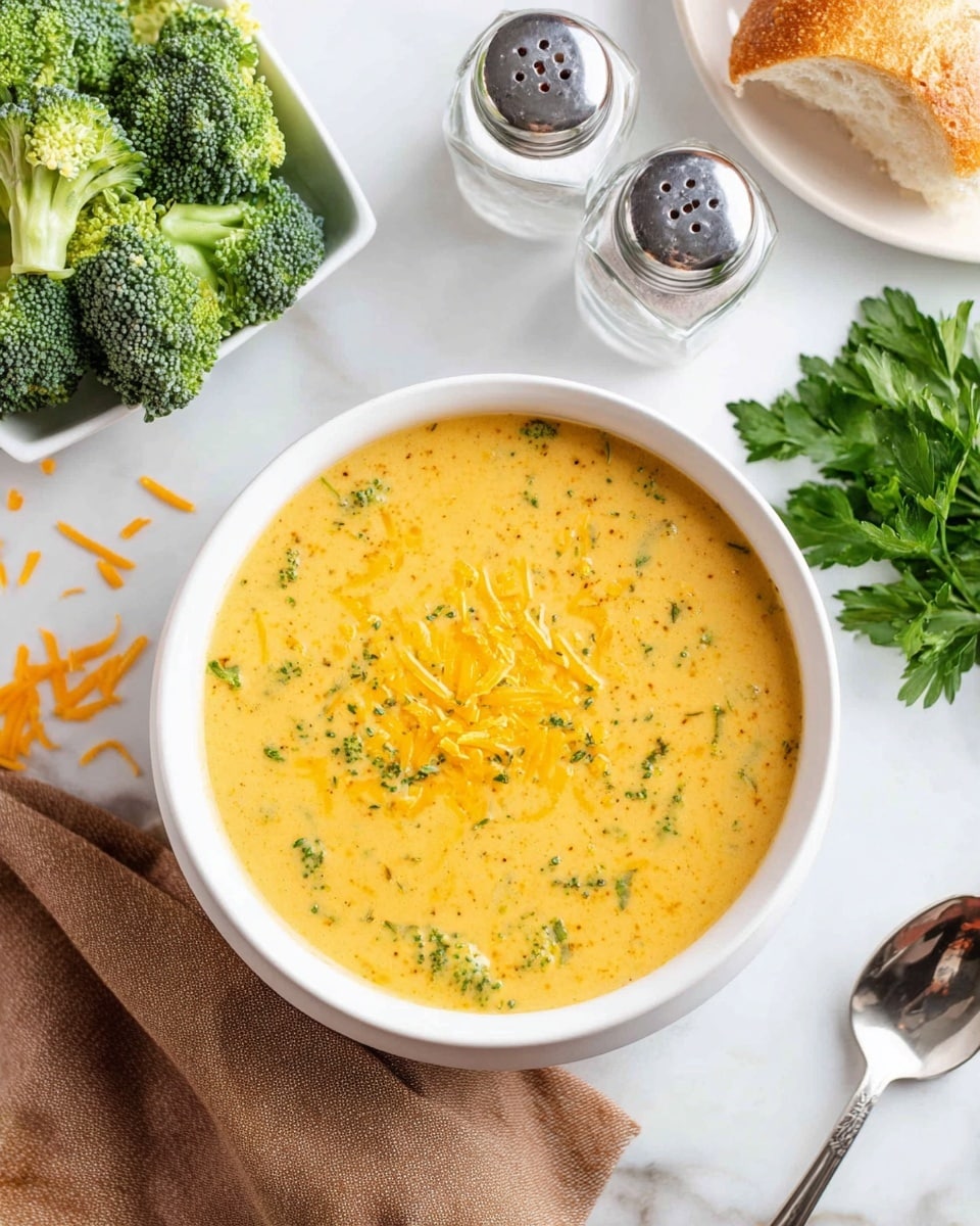 A white bowl filled with smooth yellow broccoli cheese soup with visible small green broccoli pieces and sprinkled cheddar cheese on top, placed on a white marbled surface. Around the bowl are fresh broccoli florets in a white rectangular dish at the top left, two glass salt and pepper shakers at the top right, a torn piece of bread above the bowl, a bunch of fresh green parsley on a white plate on the bottom right, and a silver spoon resting on a brown cloth napkin on the bottom left. The scene is bright and clean. photo taken with an iphone --ar 4:5 --v 7