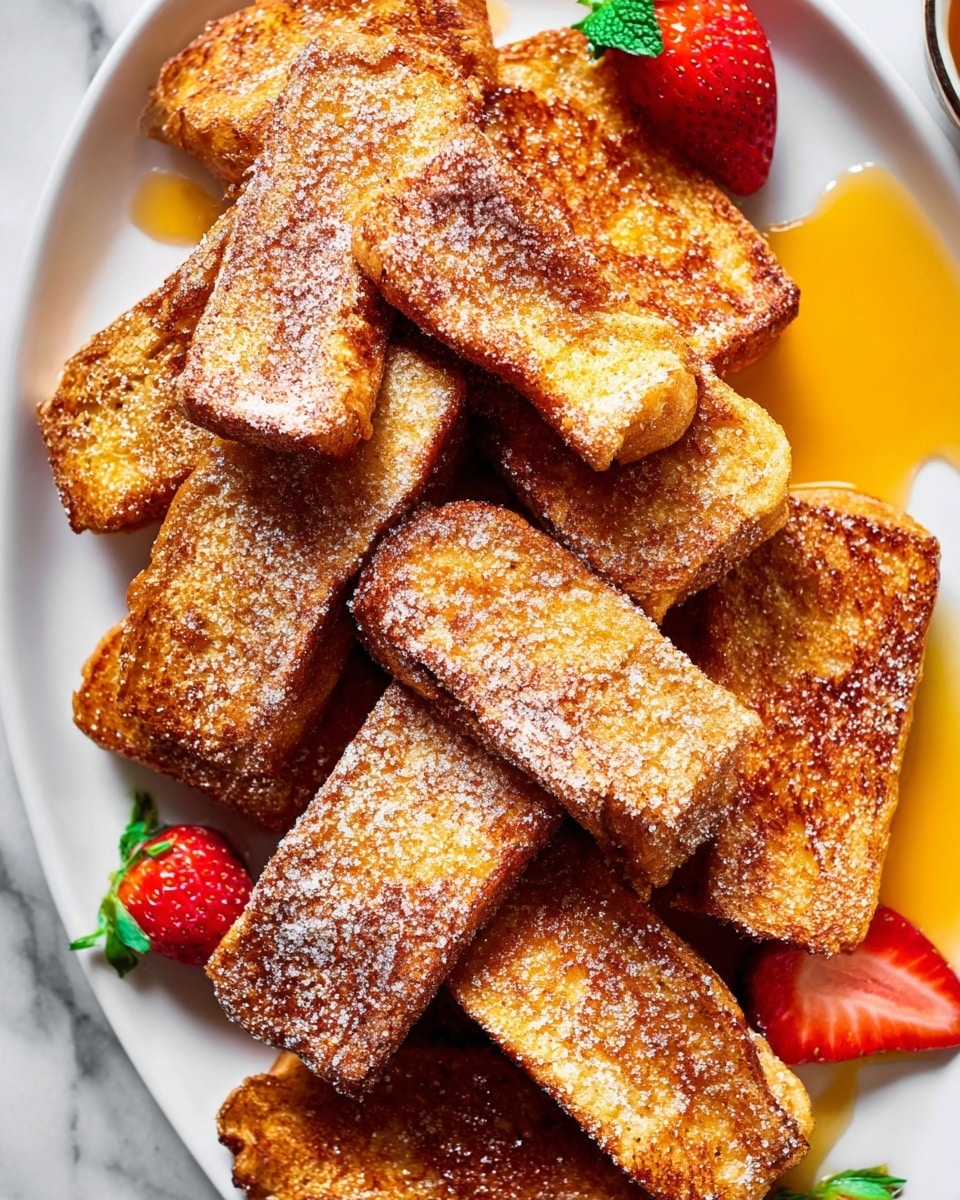 A white rectangular plate filled with many golden-brown rectangular sticks topped with a light dusting of white sugar. A few bright red strawberries with green leaves are placed on and near the plate, with one stick dipped into a small white bowl of dark amber syrup located at the top right corner of the plate. The surface is white marble, and more strawberry halves and sugar-coated sticks are scattered around the plate. photo taken with an iphone --ar 4:5 --v 7