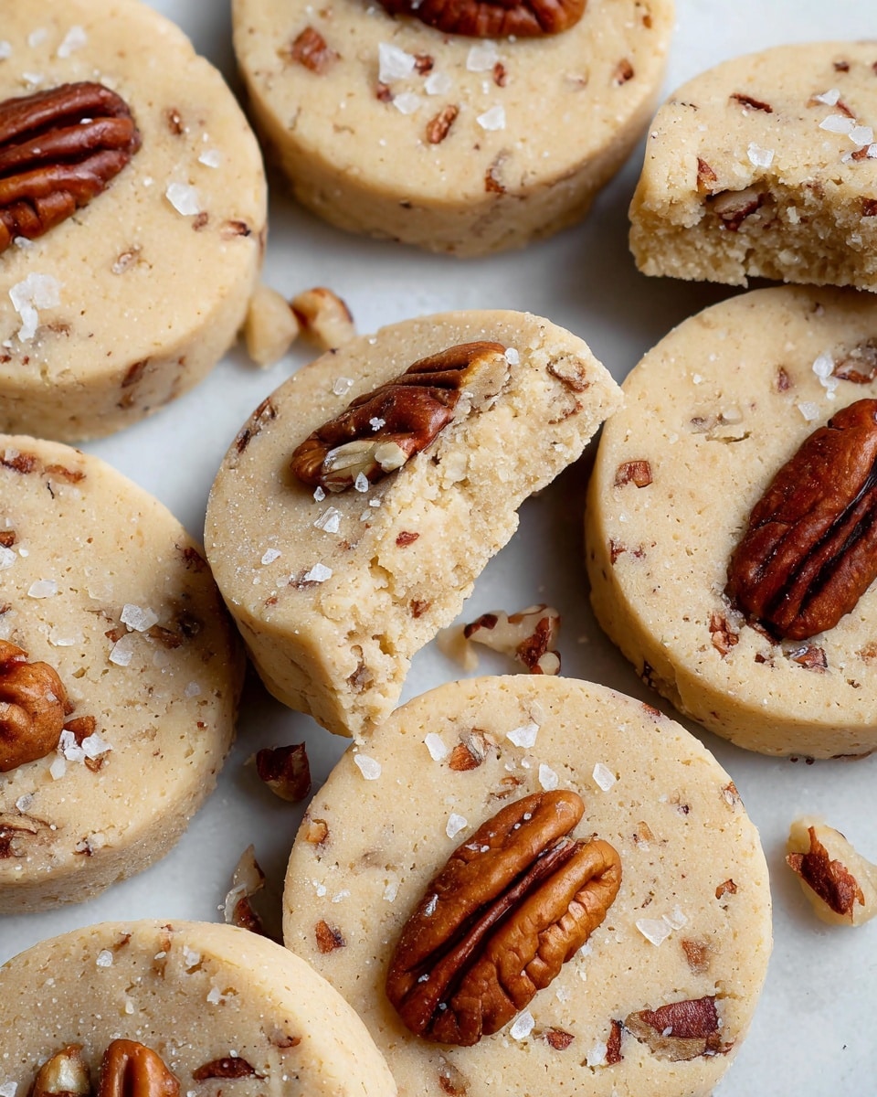 A dark metal tray holds about twenty light brown cookies with visible chopped pecans inside and some sprinkled sea salt on top, arranged in a slightly uneven pile mostly on the left side of the tray. On the right side of the tray, there is a small white bowl filled with coarse white sea salt. Around the tray, there are a few whole pecans scattered on the white marbled surface, along with a white cloth napkin partly visible on the right edge. Above the tray, there is a glass bottle of milk, and to the right, there is a small white bowl filled with light brown sugar. photo taken with an iphone --ar 4:5 --v 7