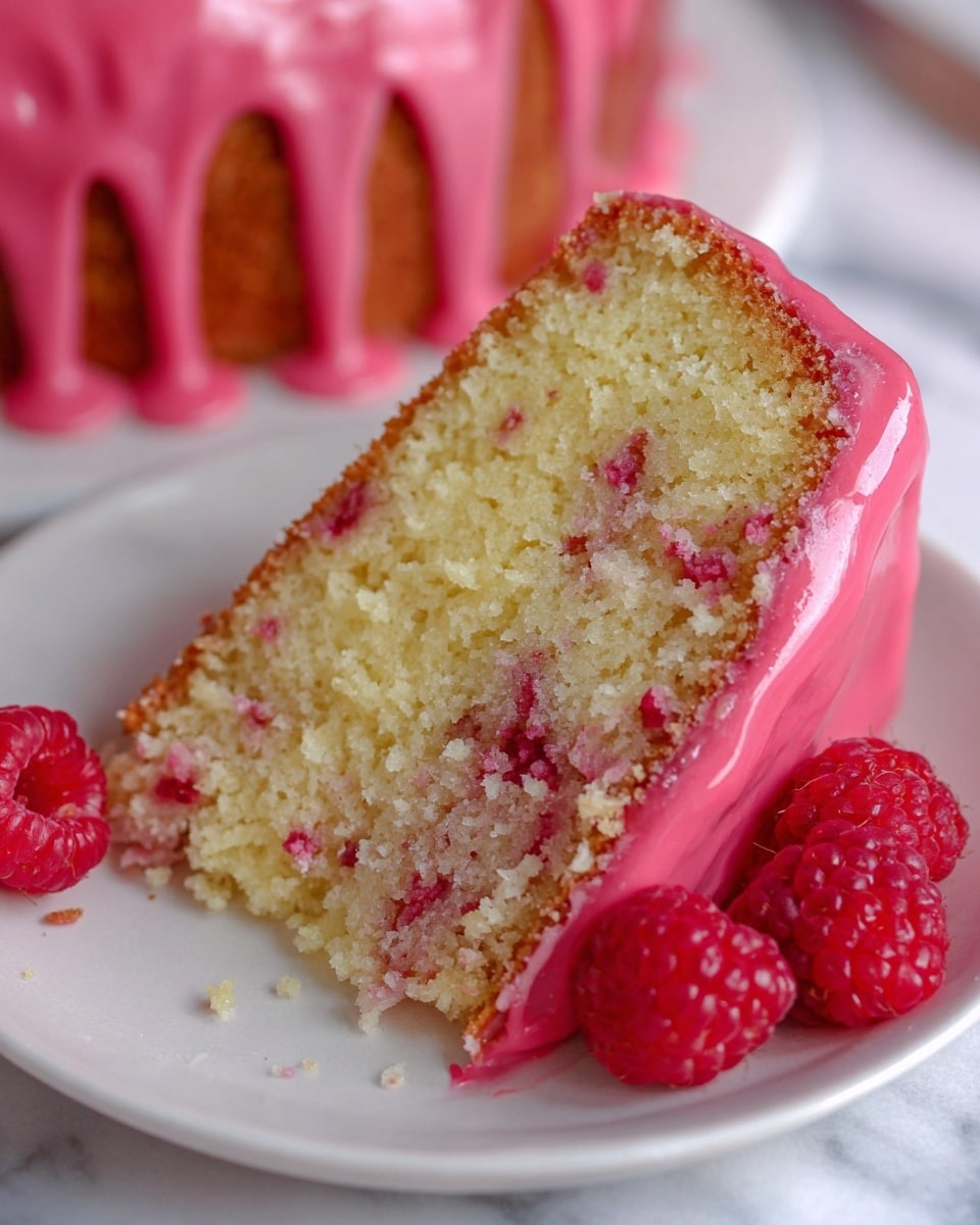 A round bundt cake sits on a white plate with a smooth bright pink glaze dripping down the sides, pooling slightly on the plate. The cake's golden brown color contrasts with the shiny glaze that covers the top and drips unevenly over the ridged edges. Around the base of the cake, fresh red raspberries are placed for decoration. The scene is set on a white marbled surface with a blurred deep reddish background, and in the back, there is a bowl of raspberries, some stacked white plates, two lemons placed on white cloths, and a small vase with white and pink flowers, along with a container holding silver utensils. Photo taken with an iphone --ar 4:5 --v 7