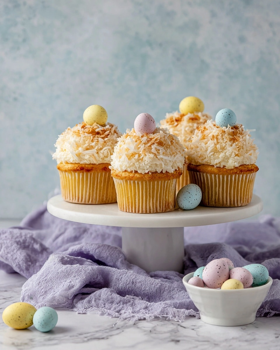 Four vanilla cupcakes stand on a white cake stand with smooth edges, set on a white marbled surface. Each cupcake has one layer of golden yellow cake topped with a thick, tall layer of creamy white frosting mixed with toasted shredded coconut, giving a textured, rough look. On top of each cupcake, pastel-colored small candy eggs in soft yellow, pink, blue, and white are grouped in the center like a nest. Around the cake stand, there is a soft lavender cloth covering part of the white marbled surface, with speckled pastel eggs next to the cloth and in a small white bowl filled with more candy eggs. The background is light blue with soft texture. photo taken with an iphone --ar 4:5 --v 7