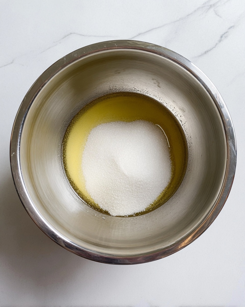 A metal mixing bowl with a shiny silver inside is placed on a white marbled surface. Inside the bowl, there are two layers: at the bottom, a clear, slightly yellow liquid layer, and on top of it, a white granular layer that looks like sugar. The liquid surrounds the lower part of the white layer, creating a contrast between the two textures and colors. The scene is simple and clean, highlighting just these two ingredients in the bowl. photo taken with an iphone --ar 4:5 --v 7