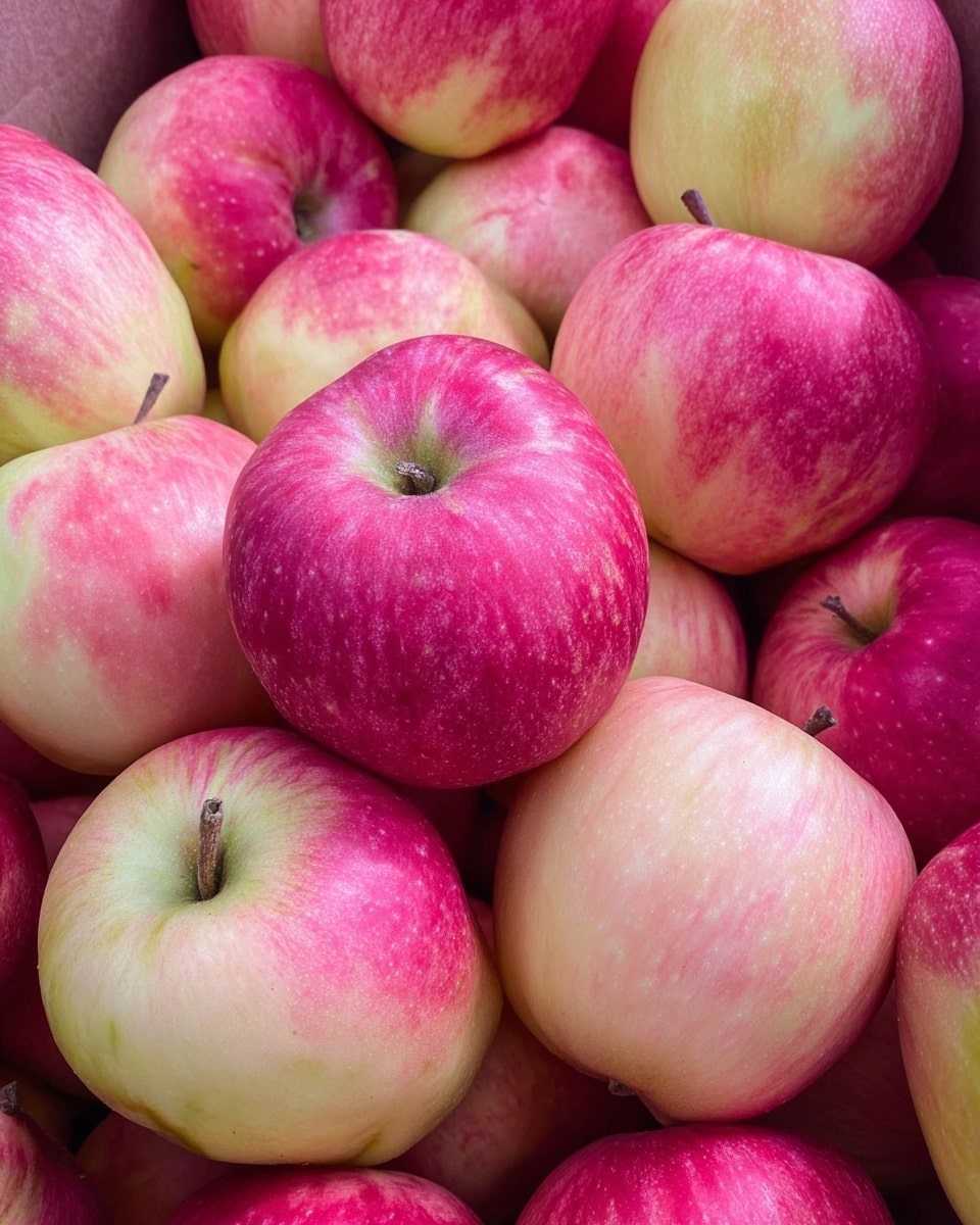 This image shows a close-up view of many apples piled together. Each apple has a mix of pink, red, and light green colors with smooth textures and natural specks. The apples have short brown stems in the center and a rounded shape with slight dimples near the stem. The colors blend softly, showing light patches and subtle shadows from natural light. The apples fill the whole frame, creating a rich, fresh look. photo taken with an iphone --ar 4:5 --v 7