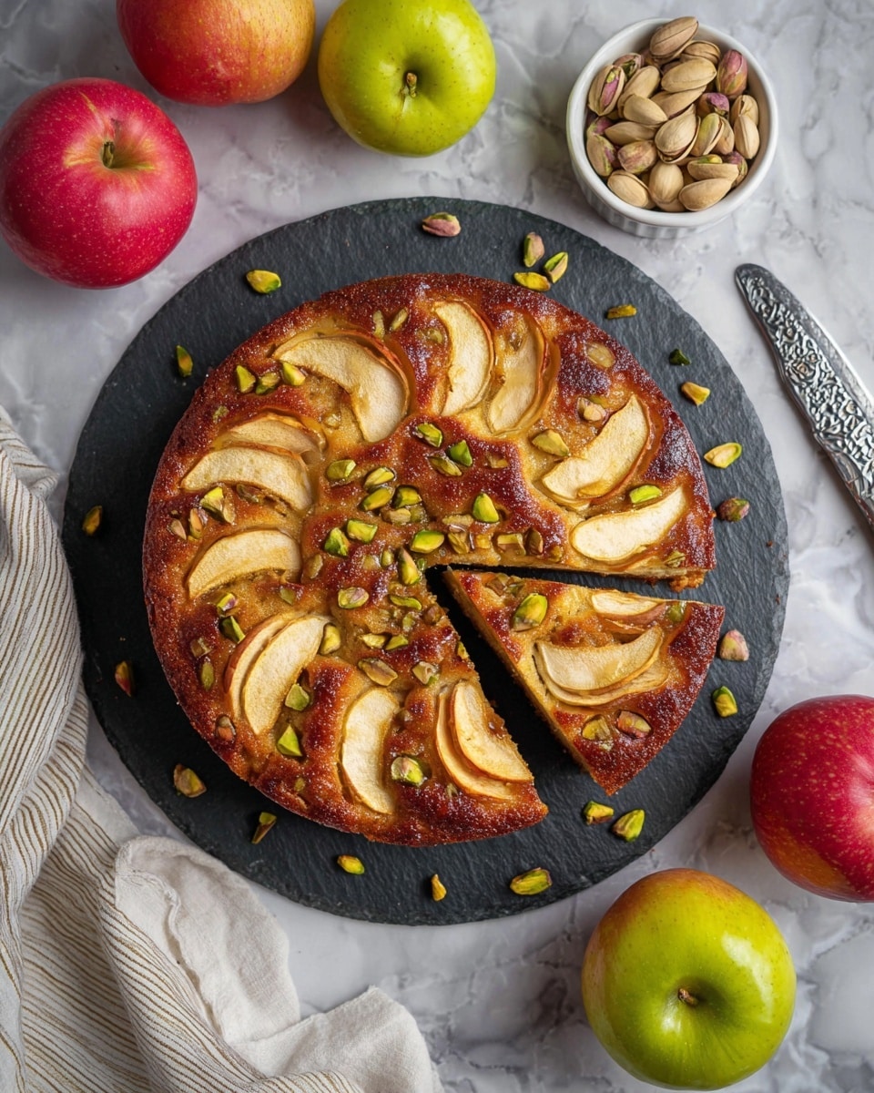 A round apple cake sits on a dark slate plate on a white marbled surface, showing one clean slice cut out. The cake top is golden brown and shiny with baked apple slices arranged in pairs, forming six groups spread evenly in a circle. Green pistachio nuts are scattered on top and around the cake, adding pops of green color. Surrounding the plate are whole apples in red, yellow, and green shades, a small white bowl full of pistachios, and a striped kitchen towel with a silver knife placed on it. Photo taken with an iphone --ar 4:5 --v 7
