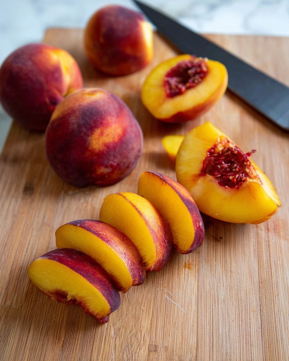 A wooden board on a white marbled surface holds a sliced peach arranged in two neat rows towards the front, each peach sliced into four thick segments revealing bright yellow-orange flesh and deep red skin. Behind the rows of whole sliced peaches lie some peach slices with pits removed, showing the shiny red and orange inner texture of the peach flesh. A large kitchen knife with a black handle rests diagonally on the left side of the board. Photo taken with an iphone --ar 4:5 --v 7