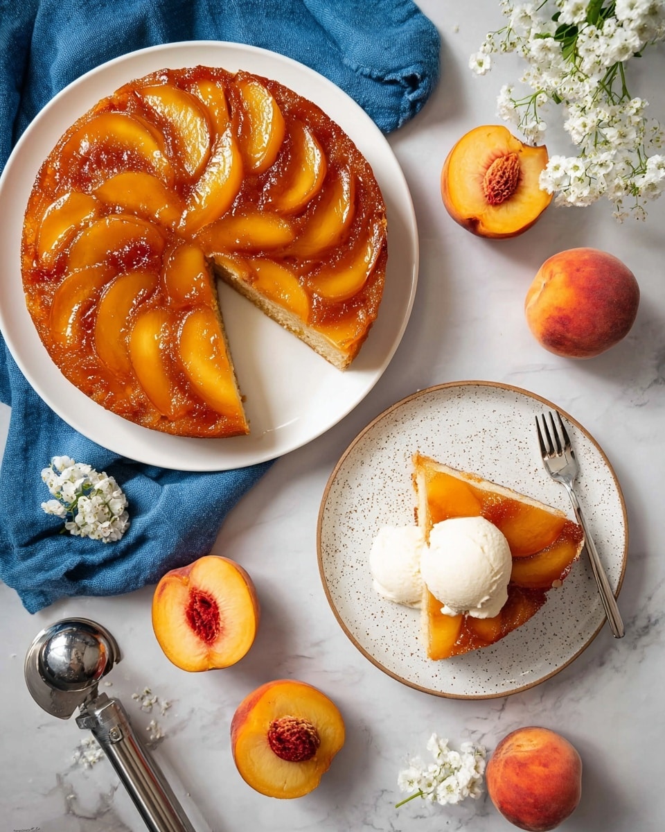 A round peach tart appears on a white plate, with a single layer of glossy peach slices arranged in a circular pattern, slightly overlapping, shining a warm golden orange color. Surrounding the plate are fresh whole and halved peaches showing their bright orange flesh and brown pits. There is an ornate silver knife to the left and two silver spoons crossing near the bottom left. The items are on a blue cloth resting atop a white marbled surface. Delicate white flowers add a soft contrast to the scene. Photo taken with an iphone --ar 4:5 --v 7