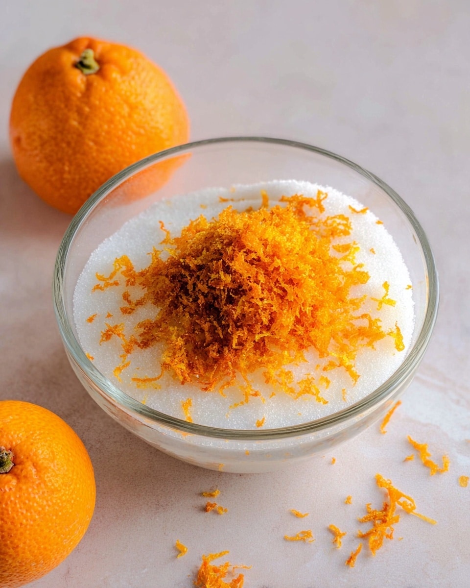 A clear glass bowl filled with two main layers: a thick white base of granulated sugar and a mound of bright orange zest placed on top, showing a rough, small shredded texture with some zest scattered lightly around the bowl edges. Beside the bowl, partly visible on a white marbled surface, are two round, orange citrus fruits with rough, dimpled skin. The scene has soft natural light, giving the ingredients a fresh and vibrant look. photo taken with an iphone --ar 4:5 --v 7
