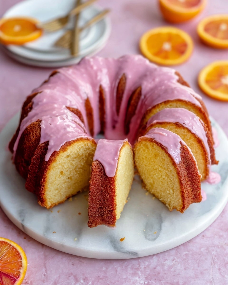 A sliced bundt cake sits on a round white marble plate, showing nine slices arranged to reveal the inside, which is light yellow and soft. The top and sides of the cake have a smooth pink glaze that drips slightly down the edges. The cake itself has a brown outer crust, contrasting with the pale interior. The background features a white marbled texture with scattered halved oranges and forks out of focus in the back. Photo taken with an iphone --ar 4:5 --v 7