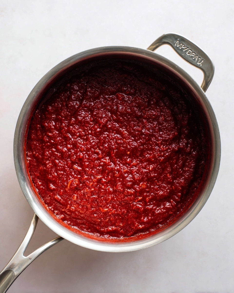 A close-up view from above of a metal pot filled with a thick, textured deep red sauce that fills nearly to the rim. The sauce has a rich, chunky consistency with little bubbles and visible bits throughout. The pot has two handles, one curved handle on the side with text engraved on it and a long straight handle opposite it. The pot sits on a white marbled surface that contrasts softly with the dark red sauce inside. photo taken with an iphone --ar 4:5 --v 7