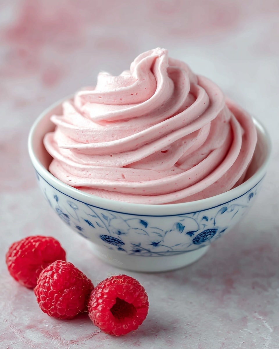 A white bowl decorated with blue flowers holds a swirl of light pink whipped cream or mousse with a smooth, creamy texture. The mousse is piped in a spiral with defined ridges, rising to a peak in the center. In front of the bowl on a white marbled surface, there are three bright red raspberries with a soft and bumpy texture. The soft background shows hints of pink tones, complementing the colors of the dessert photo taken with an iphone --ar 4:5 --v 7