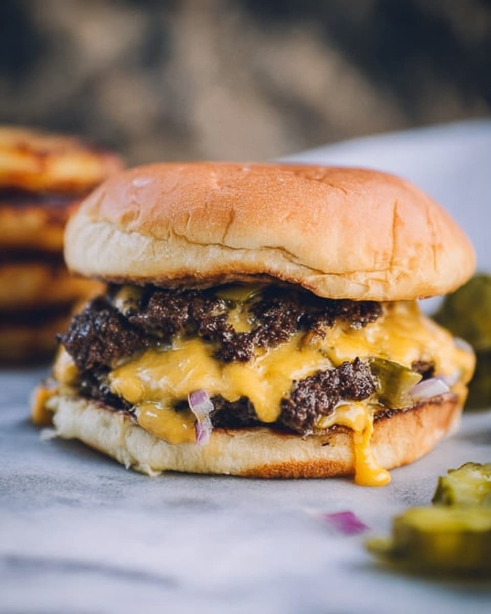 A close-up image of a cheeseburger on a white marbled surface shows a sandwich with four main layers. The bottom layer is a soft, toasted golden brown bun. Above it are two grilled beef patties with a dark brown, slightly charred texture, each covered in melted yellow cheddar cheese that drips down the sides. Between the patties, there are small pieces of chopped red onions and green pickles visible. The top layer is a shiny, toasted golden brown bun resting gently on the layered fillings. The photo has soft, natural lighting and a shallow depth of field, focusing sharply on the burger. Photo taken with an iphone --ar 4:5 --v 7