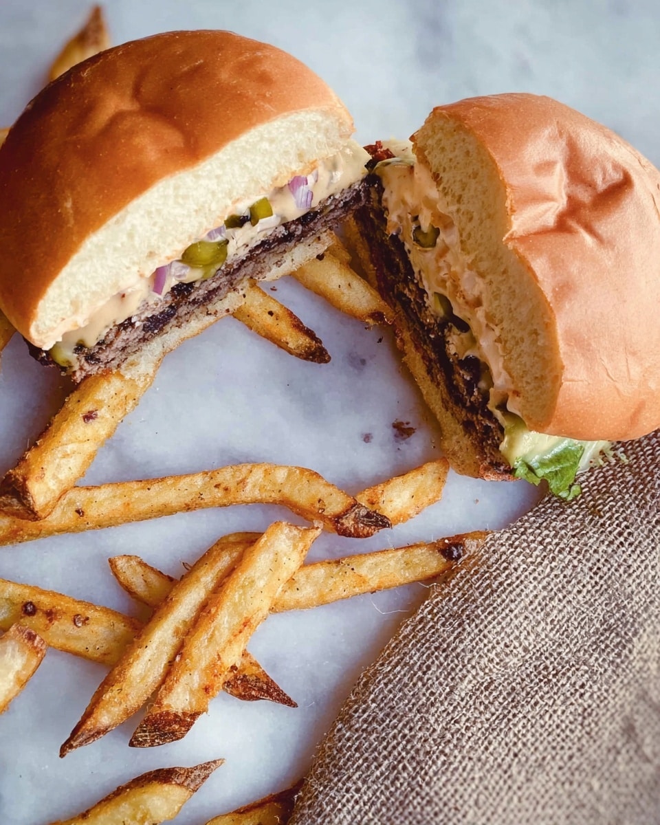 A burger shown with a soft, golden brown top bun that has slight creases on its surface. Inside, there are two thick dark brown beef patties, each topped with melted bright yellow cheese that drips down the sides. Small pieces of light purple onion and bits of green pickle are visible between the patties. The bottom bun is soft and light beige. The burger sits on a smooth white marbled surface with slightly out-of-focus grilled onion rings and green pickles in the background. The scene is lit softly, showing the juicy textures of the burger clearly. photo taken with an iphone --ar 4:5 --v 7