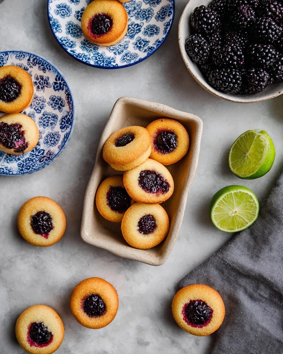 A group of small round golden-brown cakes each topped with a dark purple-black fruit filling is scattered on a white marbled surface. Most cakes are stacked inside a small beige rectangular dish in the center, showing a warm, soft texture with a moist berry center. To the left, three cakes sit on a white plate with a blue flower pattern, while individual cakes are placed around the dish. At the top right, a small white bowl is filled with shiny blackberries next to two halves of a bright green lime, with a gray cloth draped nearby. The scene is bright and clear, emphasizing the contrast between the golden cakes, dark fruit, and fresh lime. Photo taken with an iphone --ar 4:5 --v 7