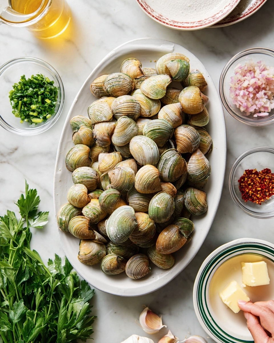 A white oval plate filled with a large pile of small clams showing their natural shells in layers of light brown, cream, and green hues with a ridged texture, placed on a white marbled surface. Around the plate, on the right side, small clear glass bowls hold finely chopped light pink shallots, finely chopped bright green chives, and red chili flakes. On the bottom left corner, fresh bright green parsley leaves are spread out. In the top right corner, a white bowl with a green-and-red striped rim is partially visible, and a few cloves of garlic with their skins are scattered next to it. A woman's hand can be seen holding a small piece of butter cut into rectangular slices on the bottom right edge near the parsley. photo taken with an iphone --ar 4:5 --v 7