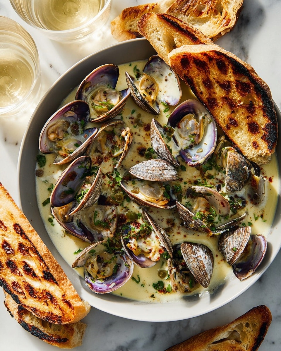 A deep white bowl filled with cooked clams in open shells, sitting in creamy white sauce with green herb bits scattered on top. The clams are purple and brown with a shiny texture and are arranged evenly, some open wide showing the soft inside. Around the bowl, pieces of grilled bread with brown grill marks rest partly inside and partly on the white marbled surface. The scene includes glasses of light-colored drink, and the light shines softly, making the sauce look smooth and the clam shells glossy. photo taken with an iphone --ar 4:5 --v 7