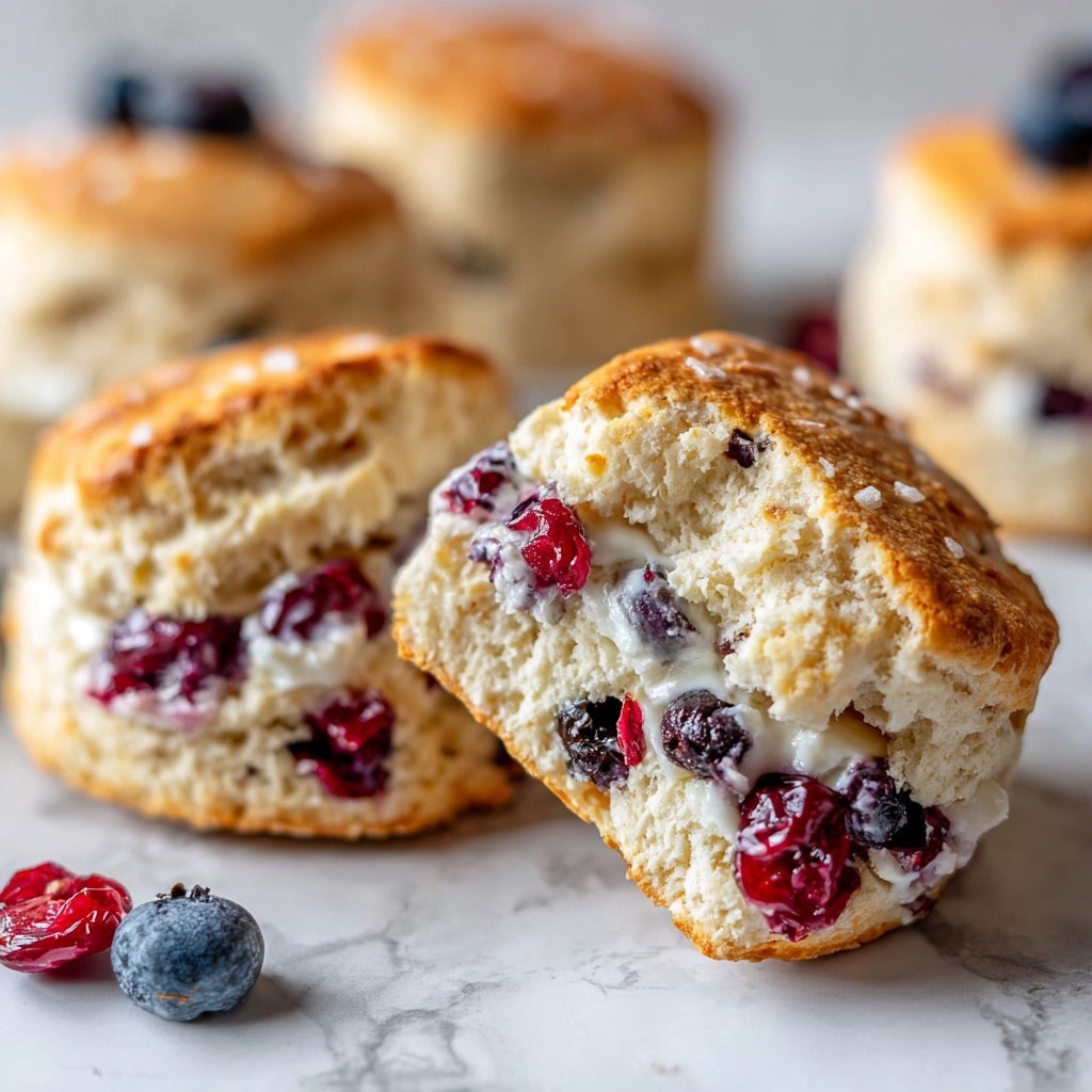 A collection of golden-brown blueberry scones arranged closely together on crinkled white parchment paper over a white marbled surface. Each scone shows a rough textured dough with visible blueberries both inside and on top, some blueberries appearing slightly sunken while others rest on the surface. A thin layer of white glaze is drizzled unevenly across the tops of the scones, adding a glossy contrast. Scattered fresh blueberries fill some gaps between the scones. Two light pink flowers with green centers sit on the edges, adding a soft color contrast. photo taken with an iphone --ar 4:5 --v 7