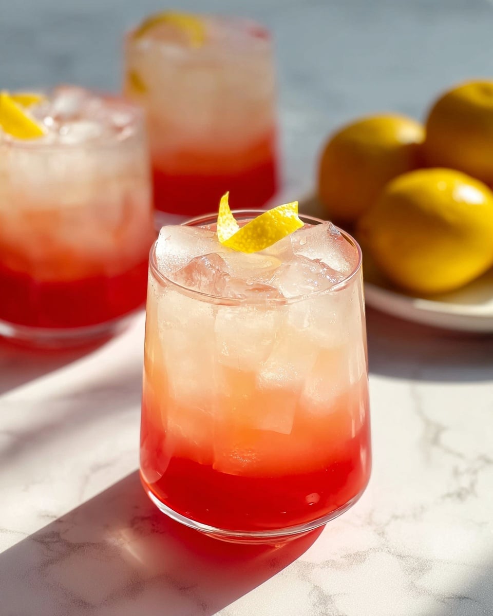 Three clear glasses filled with red-orange drink and ice cubes sit on a white marbled surface against a white tiled wall background. The front glass has a frothy light pink foam top layer above the icy red-orange liquid, and a woman's hand is placing a yellow curled lemon peel garnish on the rim. The other two glasses, placed slightly behind and to the left and right, have just red-orange drink with ice and a single curled lemon peel decorates the rim of the left glass. A plate with lemon slices is seen in the background on the left. Soft natural light creates shadows and highlights on the scene. Photo taken with an iphone --ar 4:5 --v 7