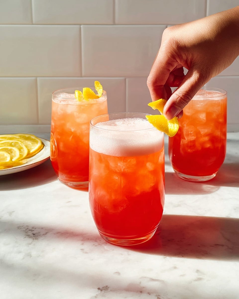 The image shows a clear glass filled with a two-layer iced drink, featuring a bright red layer at the bottom and a lighter, almost pinkish layer on top, separated by ice cubes. The glass is topped with a small yellow lemon peel curl placed at the rim. In the background, there are two more similar glasses with the same red and pink layered drink, each garnished with a yellow lemon peel curl near the rim, all set on a white marbled surface with bright, natural lighting. photo taken with an iphone --ar 4:5 --v 7