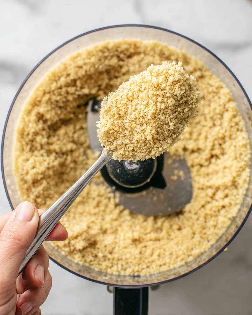 A clear glass jar with a silver metal lid is filled about three-quarters with a light yellow, crumbly textured powder that looks like ground nuts or breadcrumbs. The jar sits on a white marbled surface with some crumbs scattered around its base. To the right, there is a small dark brown wooden spoon also holding some of the crumbly powder. The background is a smooth, light grey-white shade that contrasts softly with the contents of the jar. photo taken with an iphone --ar 4:5 --v 7